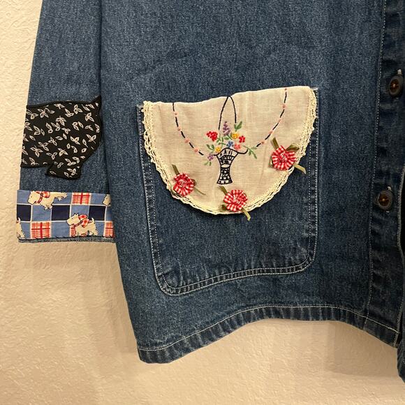 Vintage Handmade OOAK Denim Chore Shirt‎ Jacket XL Cottage Scottie Dog Grandma - Picture 8 of 16